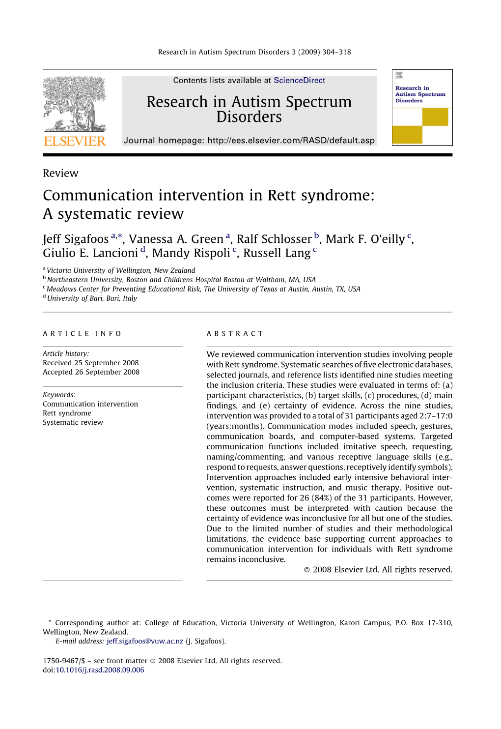 Communication Intervention in Rett Syndrome: a Systematic Review Research in Autism Spectrum Disorders