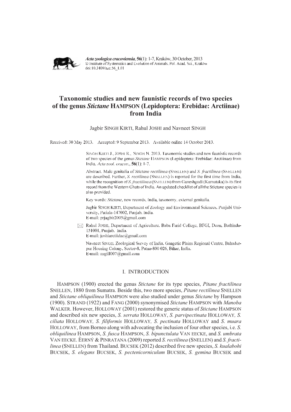 Taxonomic Studies and New Faunistic Records of Two Species of the Genus Stictane HAMPSON (Lepidoptera: Erebidae: Arctiinae) from India