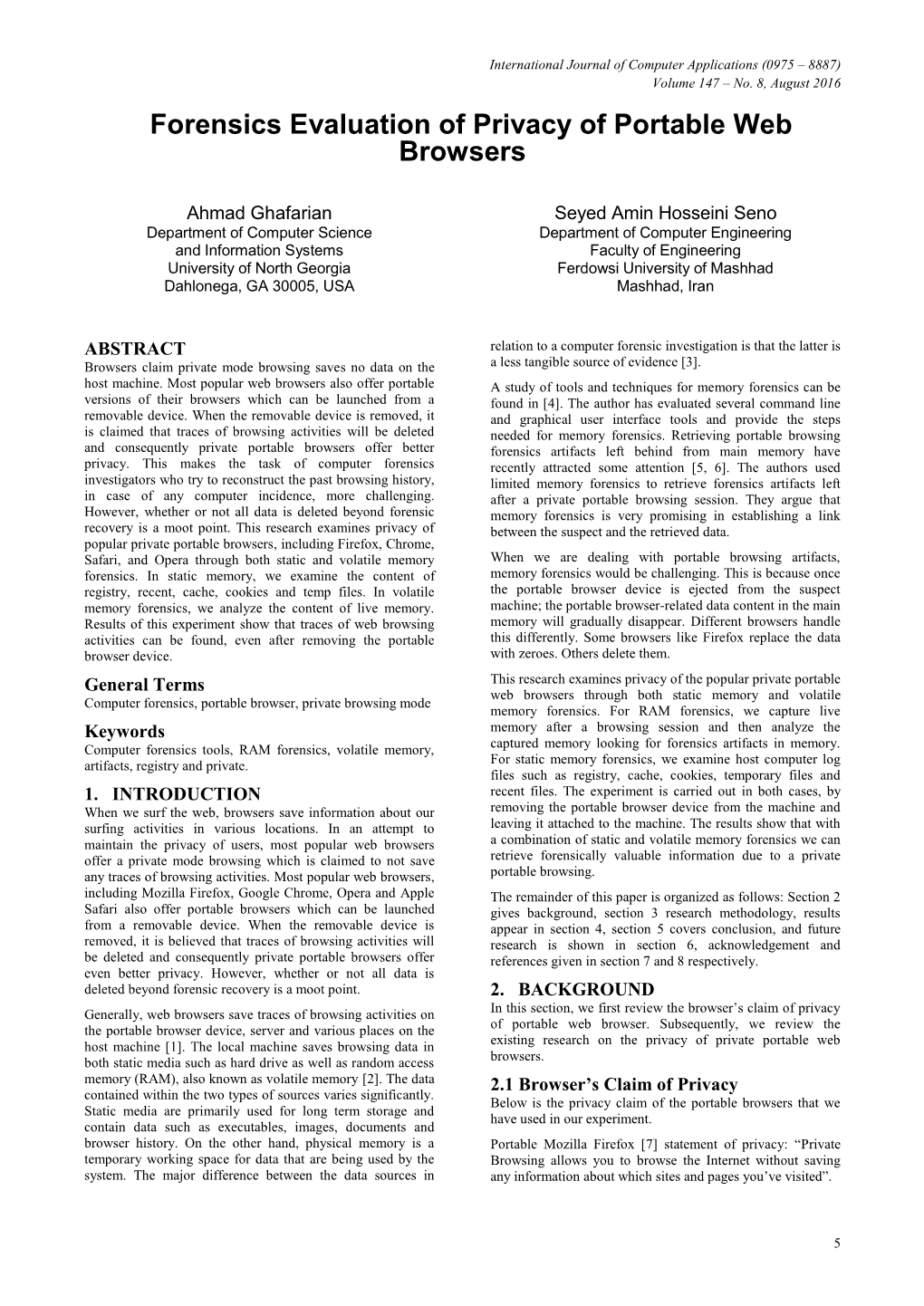 Forensics Evaluation of Privacy of Portable Web Browsers