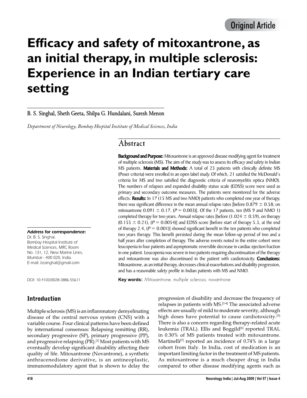 Efficacy and Safety of Mitoxantrone, As an Initial Therapy, in Multiple Sclerosis: Experience in an Indian Tertiary Care Setting