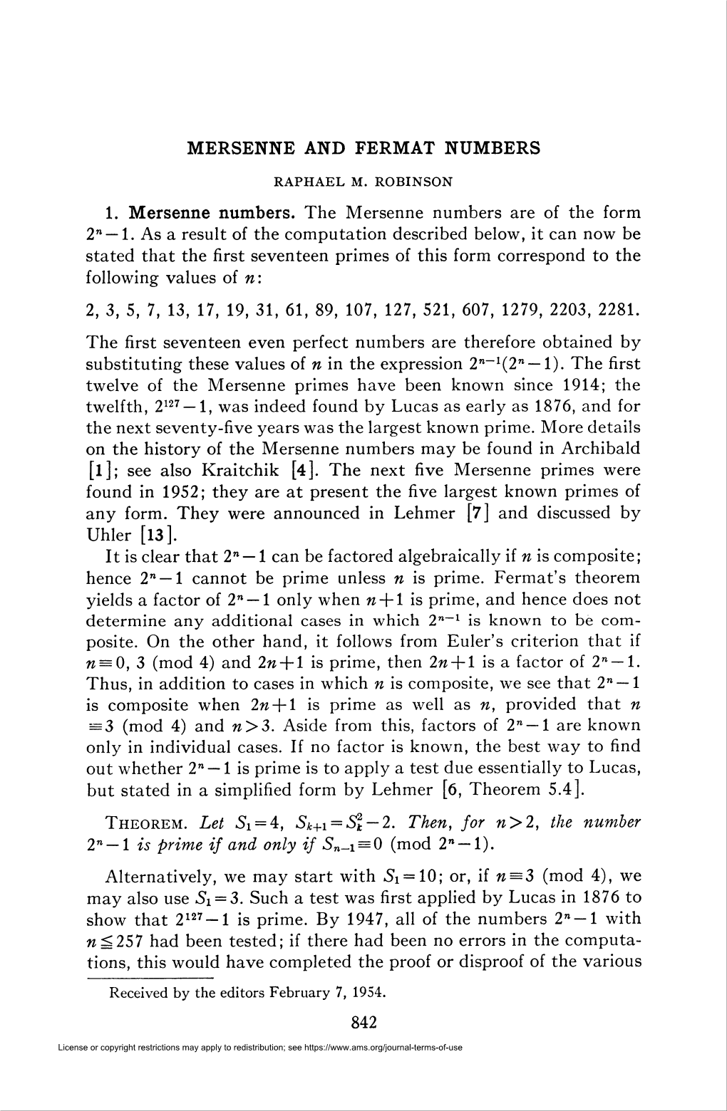 Mersenne and Fermat Numbers 2, 3, 5, 7, 13, 17, 19, 31