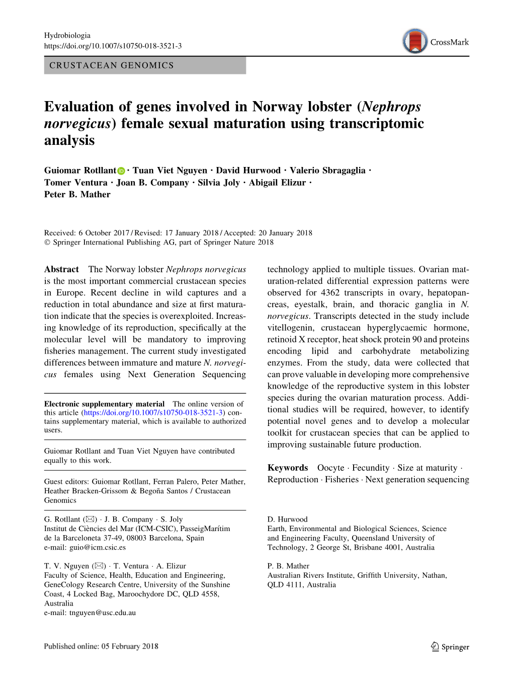 Evaluation of Genes Involved in Norway Lobster (Nephrops Norvegicus) Female Sexual Maturation Using Transcriptomic Analysis