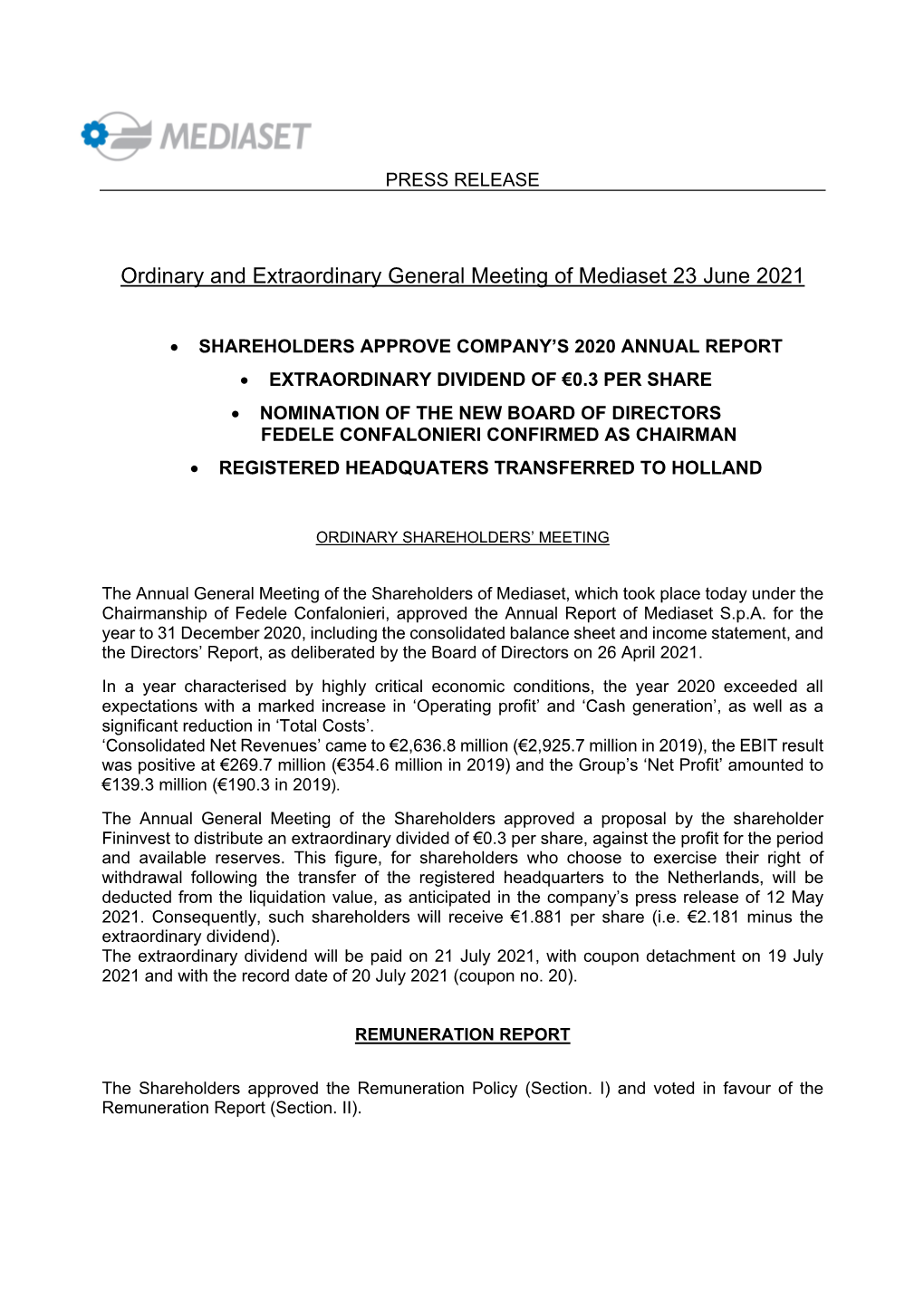 Ordinary and Extraordinary General Meeting of Mediaset 23 June 2021