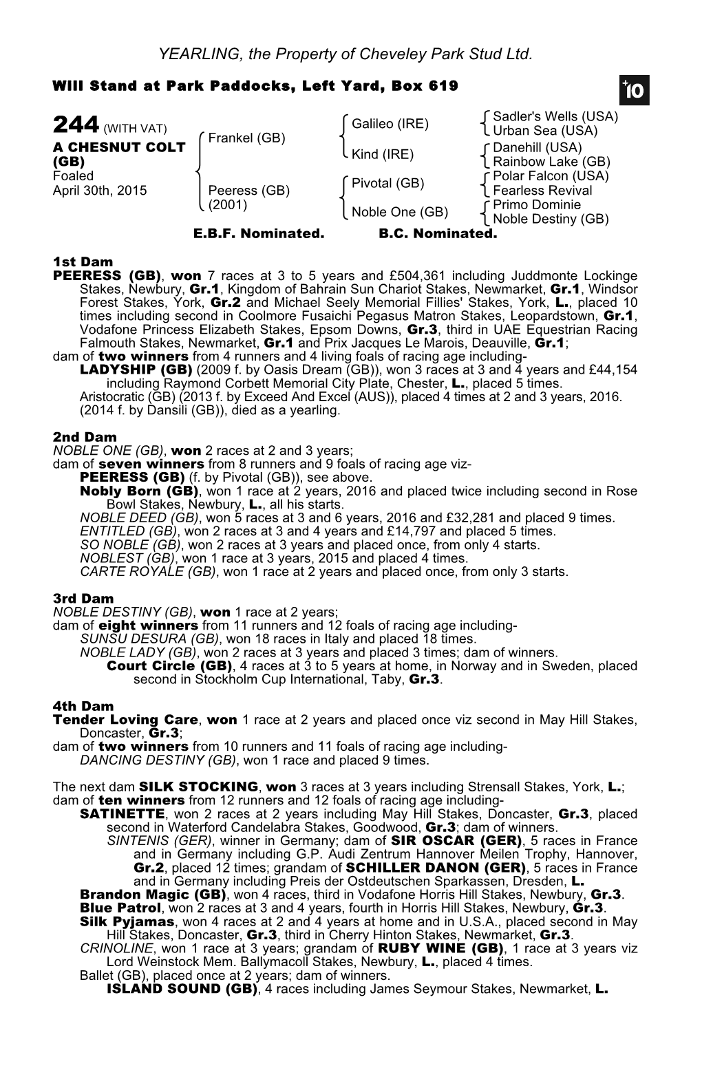 244 (WITH VAT) Urban Sea (USA) Frankel (GB) Danehill (USA) a CHESNUT COLT Kind (IRE)