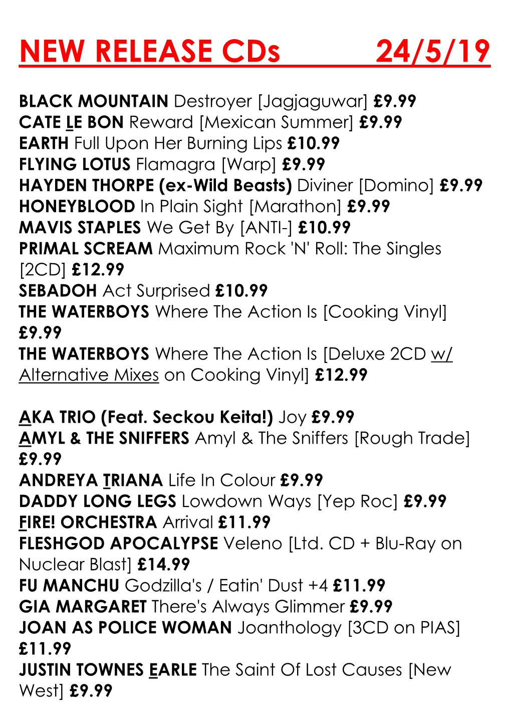 NEW RELEASE Cds 24/5/19