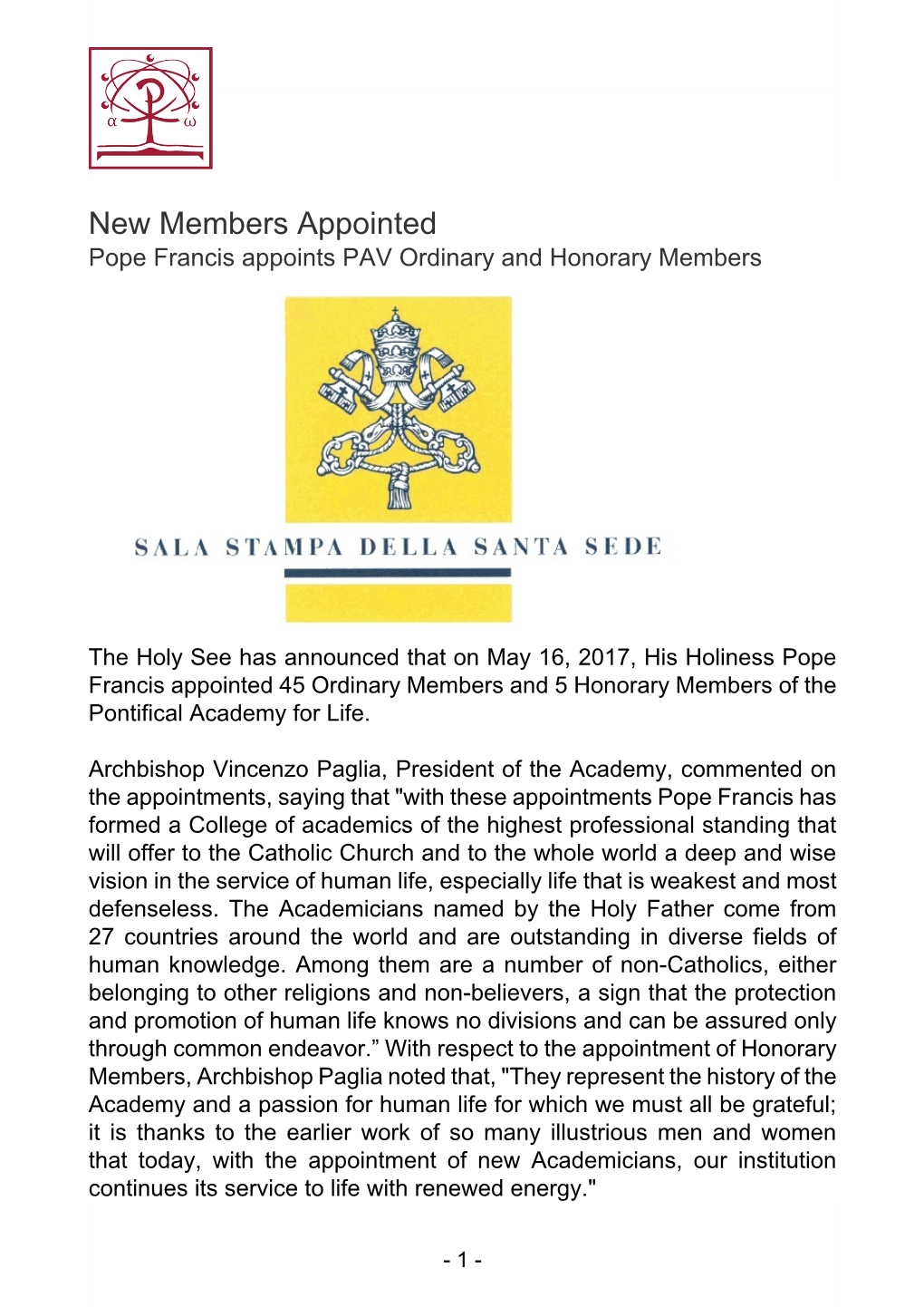 New Members Appointed Pope Francis Appoints PAV Ordinary and Honorary Members