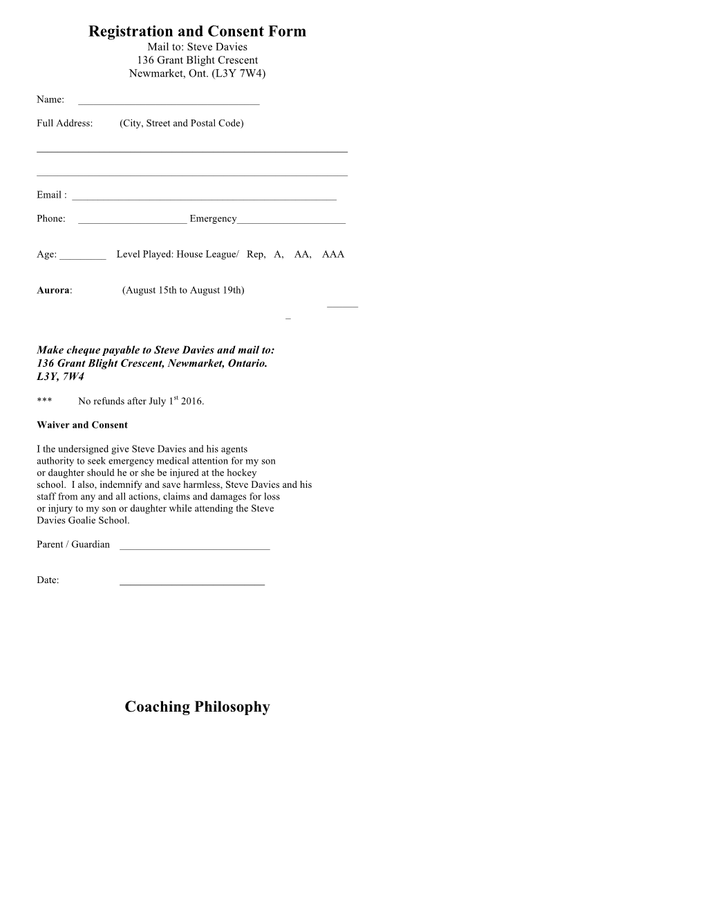 Registration and Consent Form Coaching Philosophy