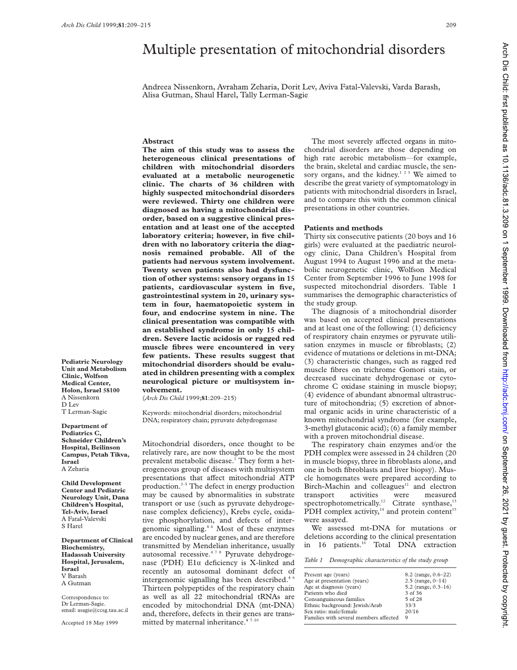 Multiple Presentation of Mitochondrial Disorders Arch Dis Child: First Published As 10.1136/Adc.81.3.209 on 1 September 1999