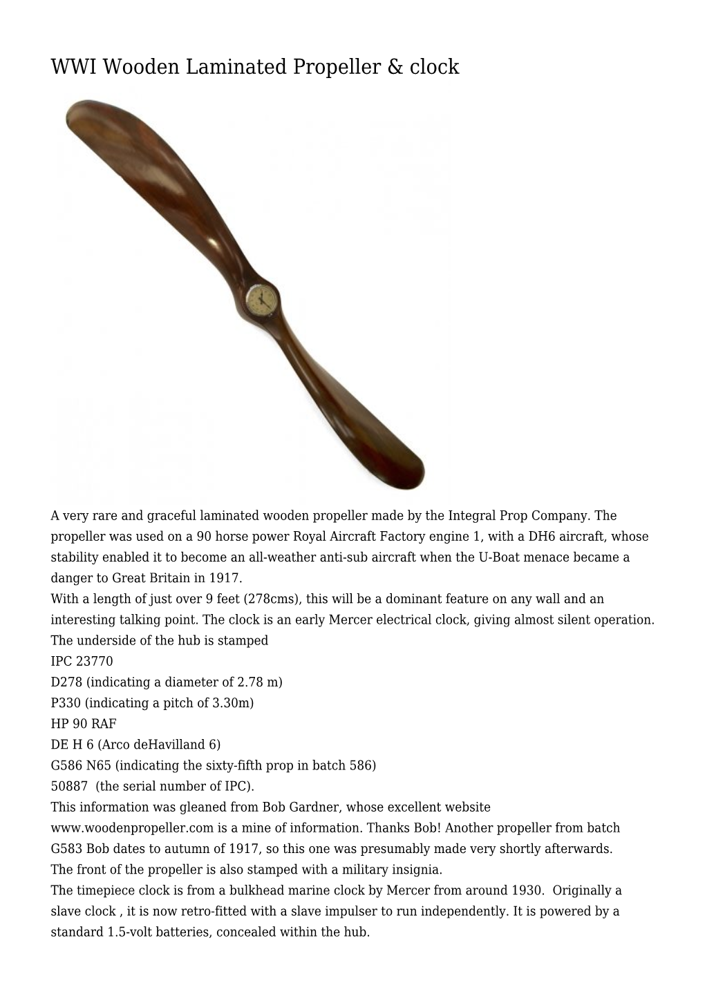 WWI Wooden Laminated Propeller & Clock