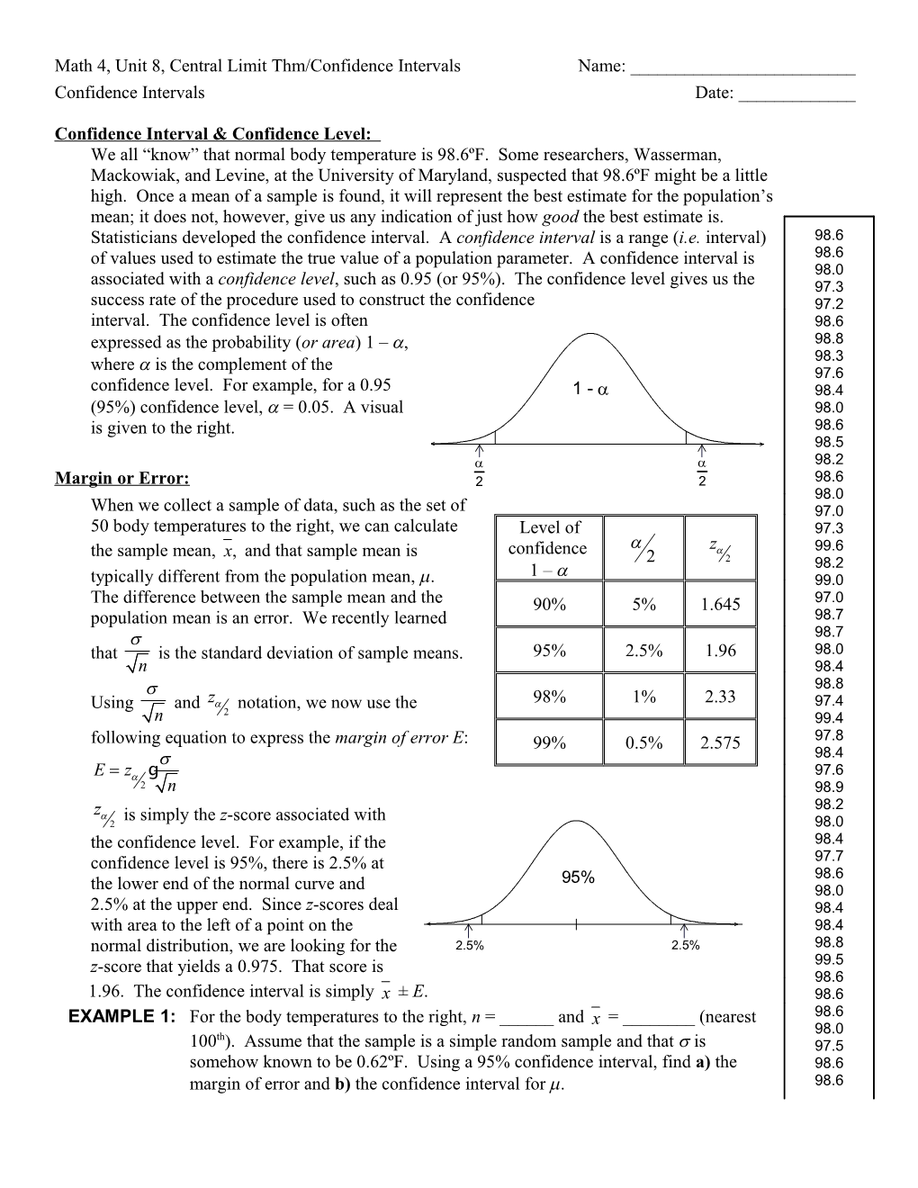 Math 4, Unit 1, Central Limit Thm/Confidence Intervals