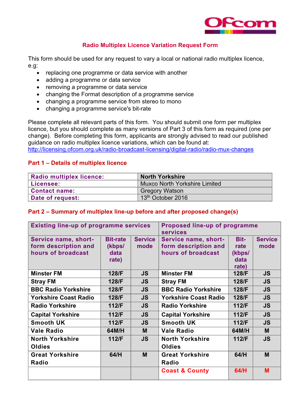 Radio Multiplex Licence Variation Request Form This Form Should Be