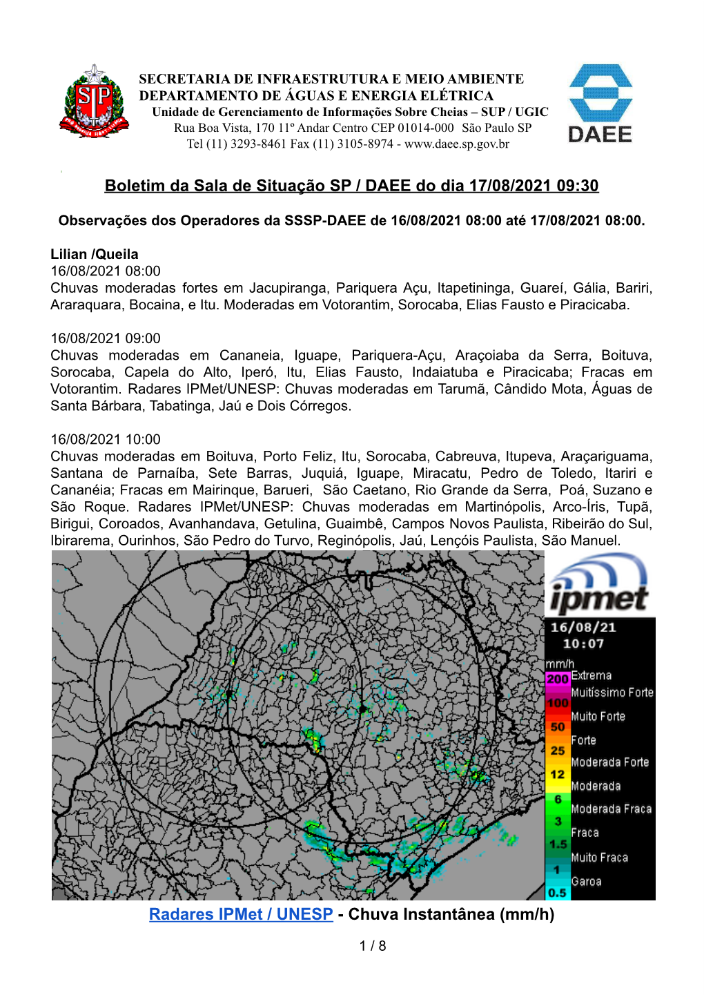 Boletim Da Sala De Situação SP / DAEE Do Dia 17/08/2021 09:30