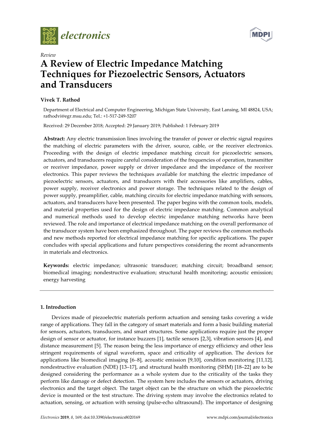 A Review of Electric Impedance Matching Techniques for Piezoelectric Sensors, Actuators and Transducers