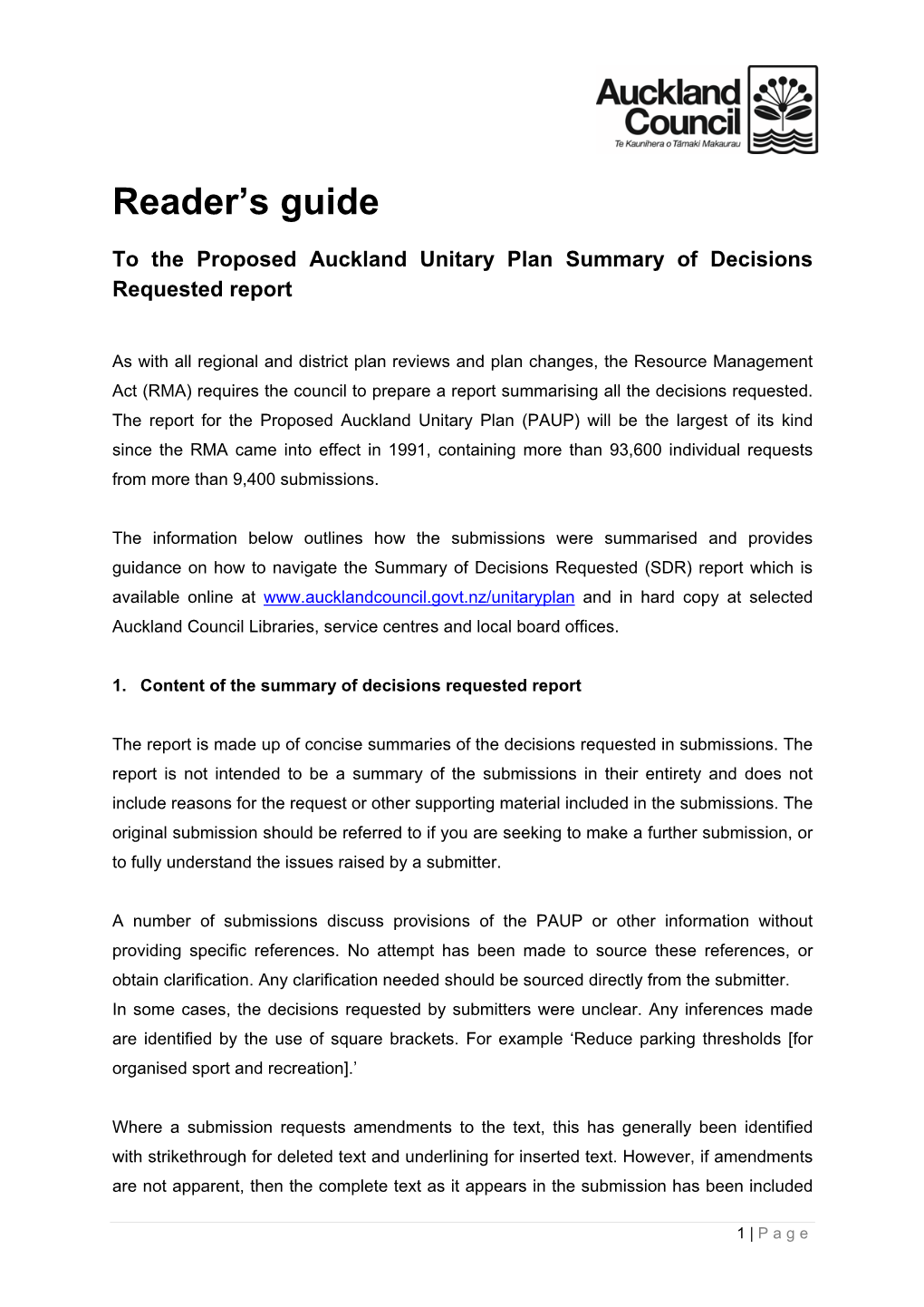 Unitary Plan Summary of Decisions Requested Report