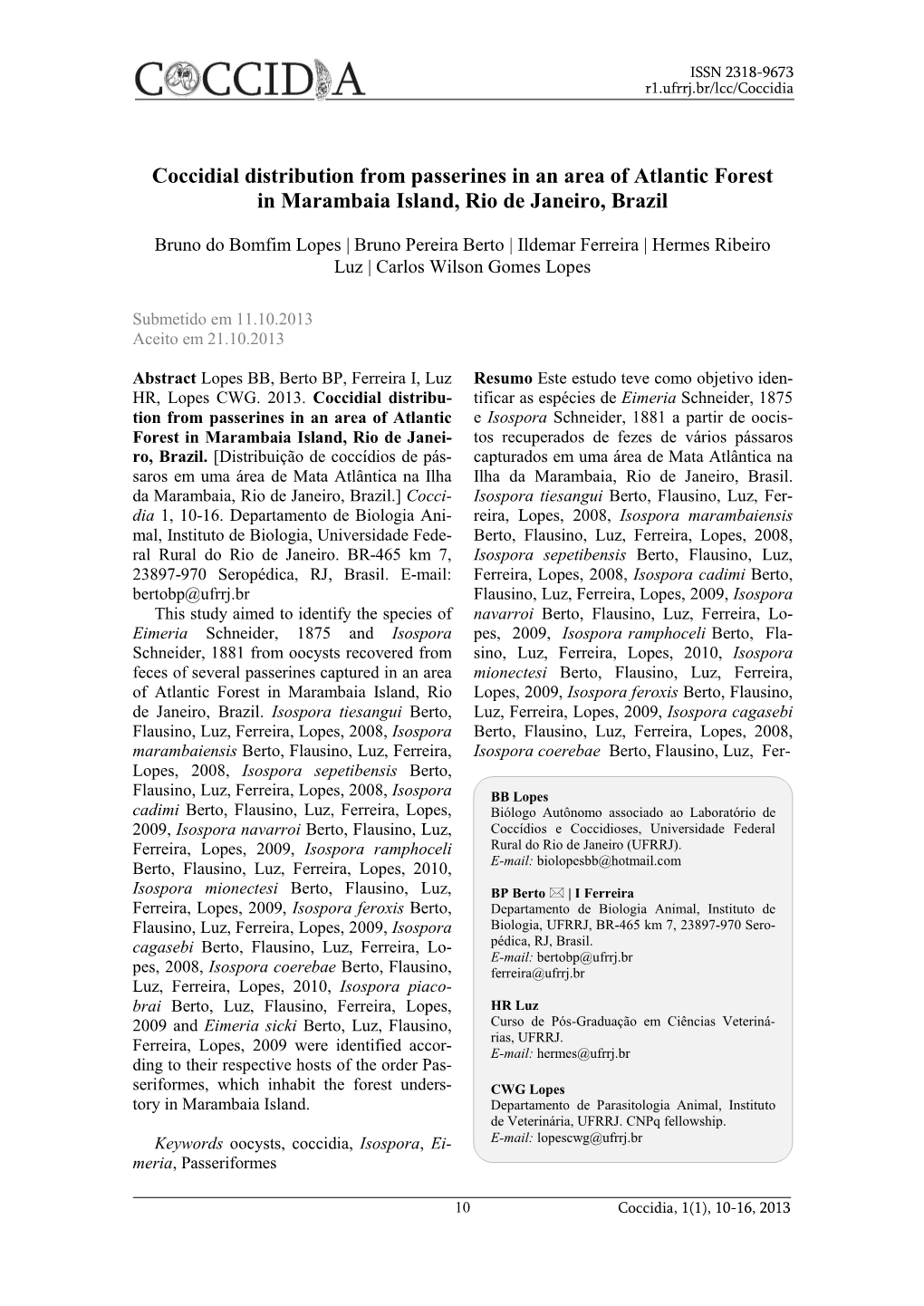 Coccidial Distribution from Passerines in an Area of Atlantic Forest in Marambaia Island, Rio De Janeiro, Brazil