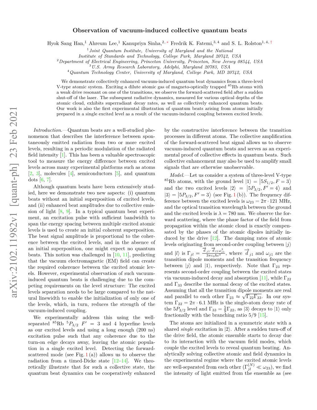 Arxiv:2102.11982V1 [Quant-Ph] 23 Feb 2021 Ural Linewidth to Enable the Initialization of Only One of and Parallel to Each Other Γ23 ≈ Γ22Γ33