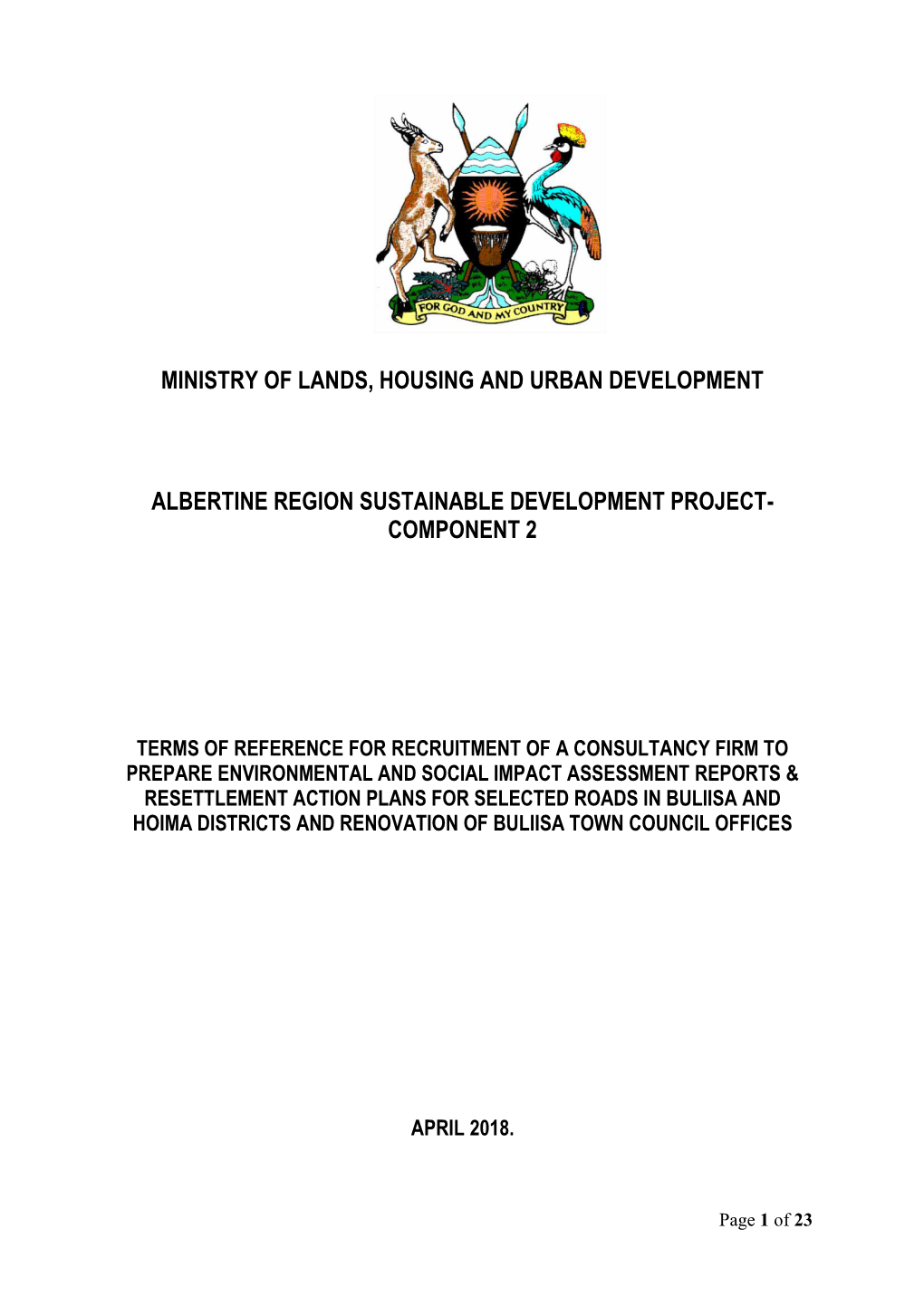 Ministry of Lands, Housing and Urban Development Albertine Region Sustainable Development Project- Component 2