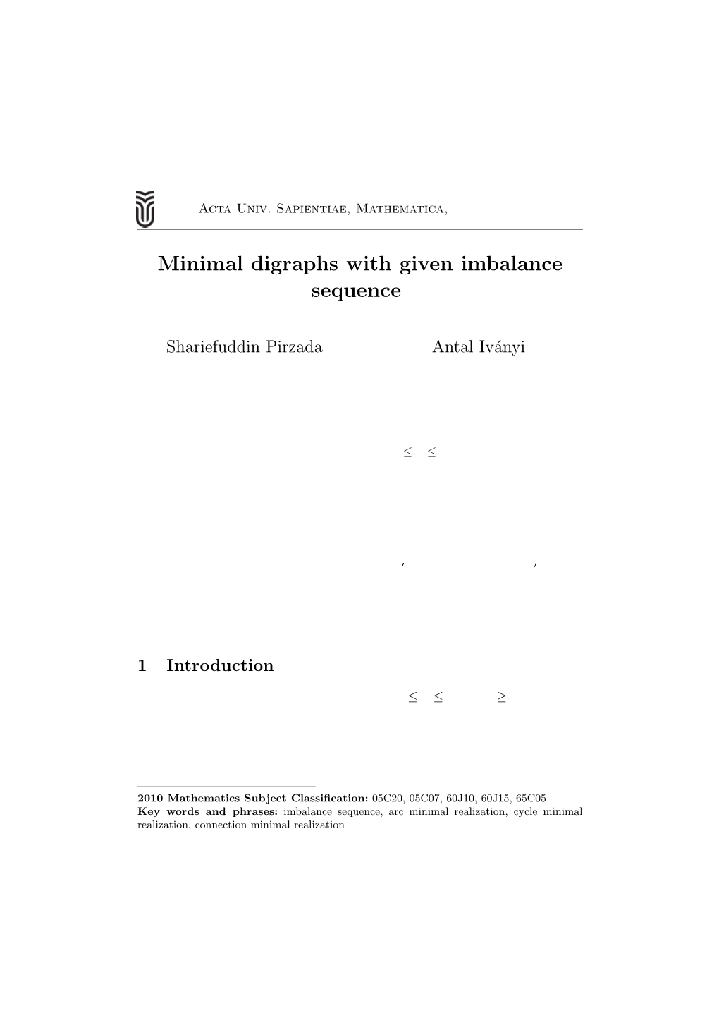 Minimal Digraphs with Given Imbalance Sequence