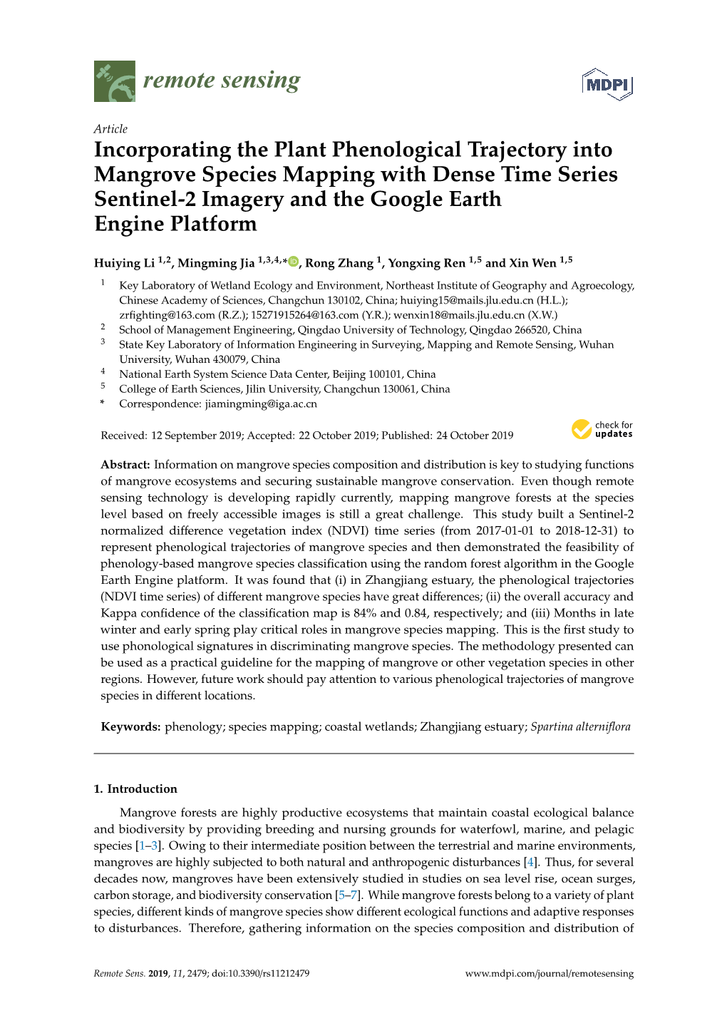 Incorporating the Plant Phenological Trajectory Into Mangrove Species Mapping with Dense Time Series Sentinel-2 Imagery and the Google Earth Engine Platform