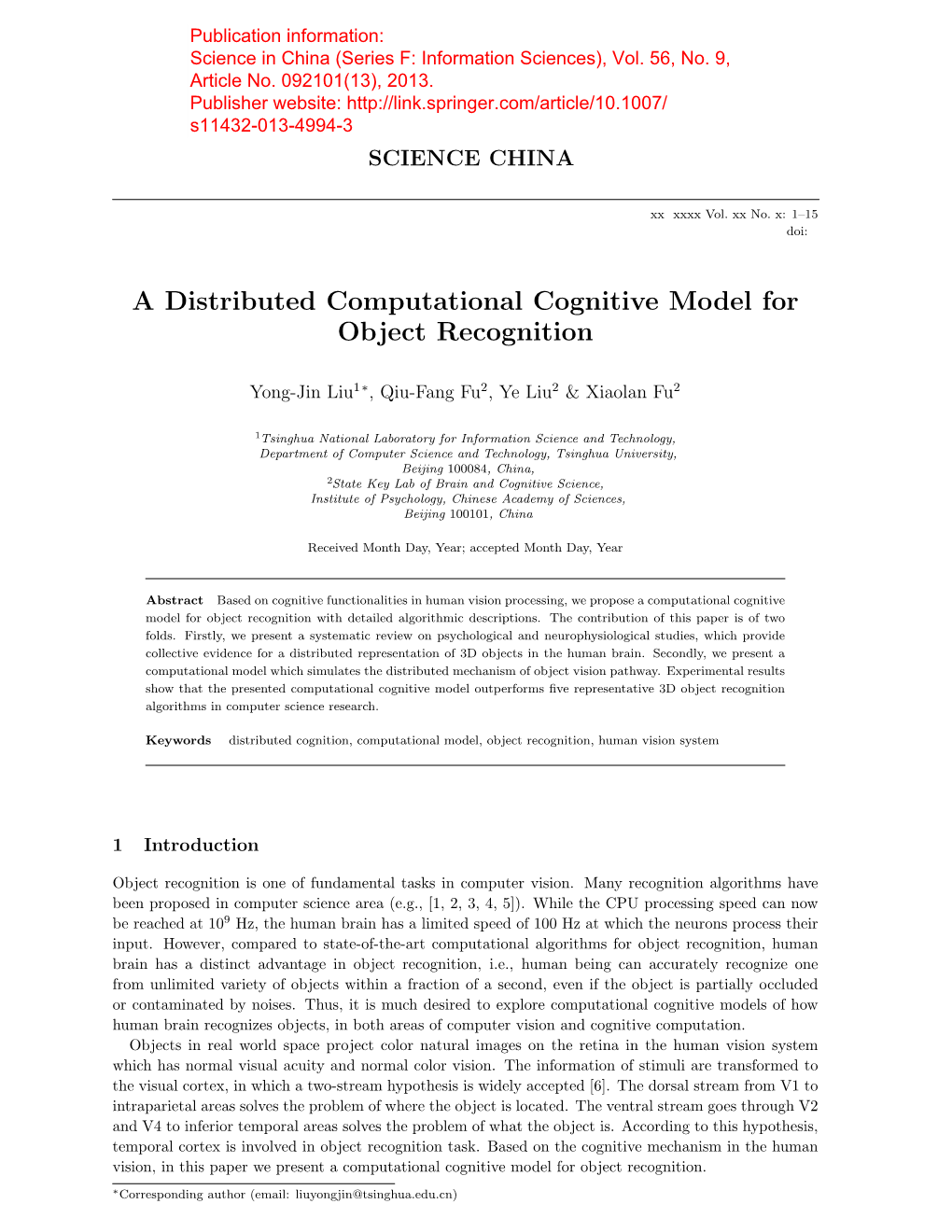 A Distributed Computational Cognitive Model for Object Recognition