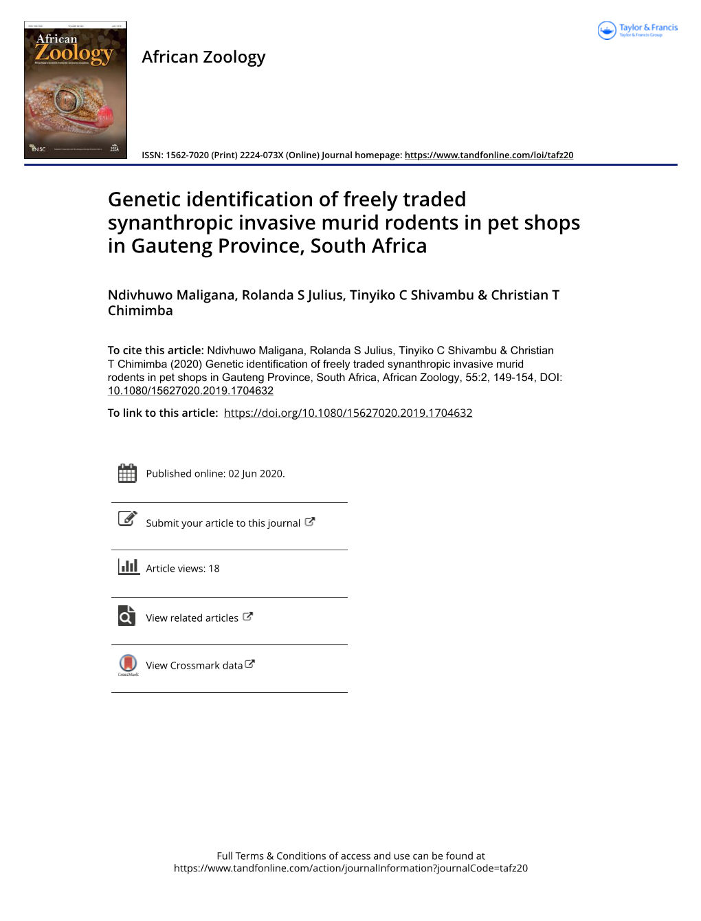 Genetic Identification of Freely Traded Synanthropic Invasive Murid Rodents in Pet Shops in Gauteng Province, South Africa