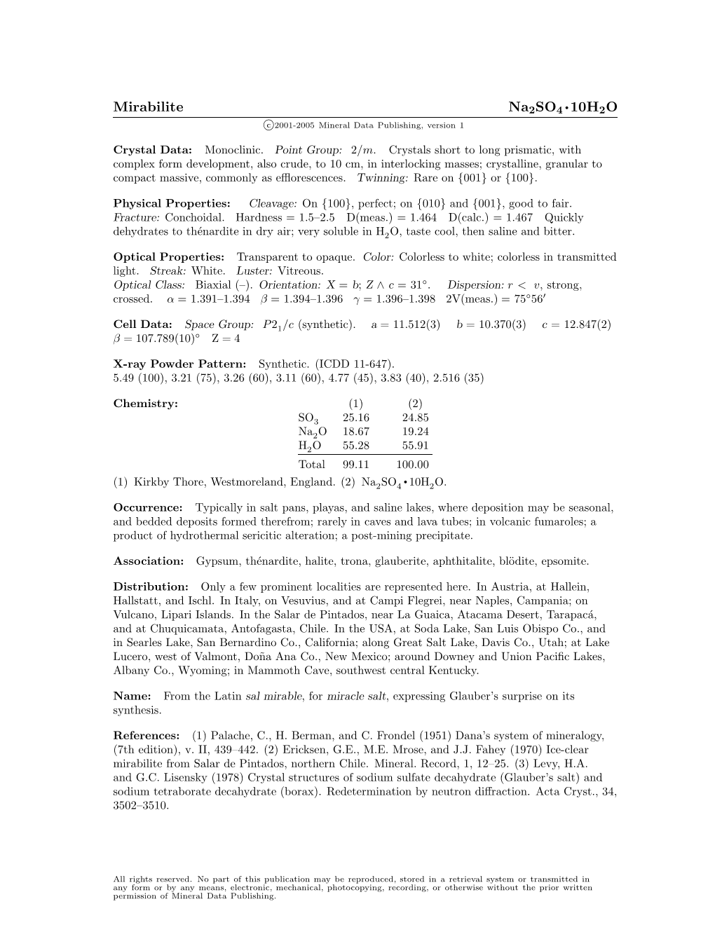 Mirabilite Na2so4 • 10H2O C 2001-2005 Mineral Data Publishing, Version 1