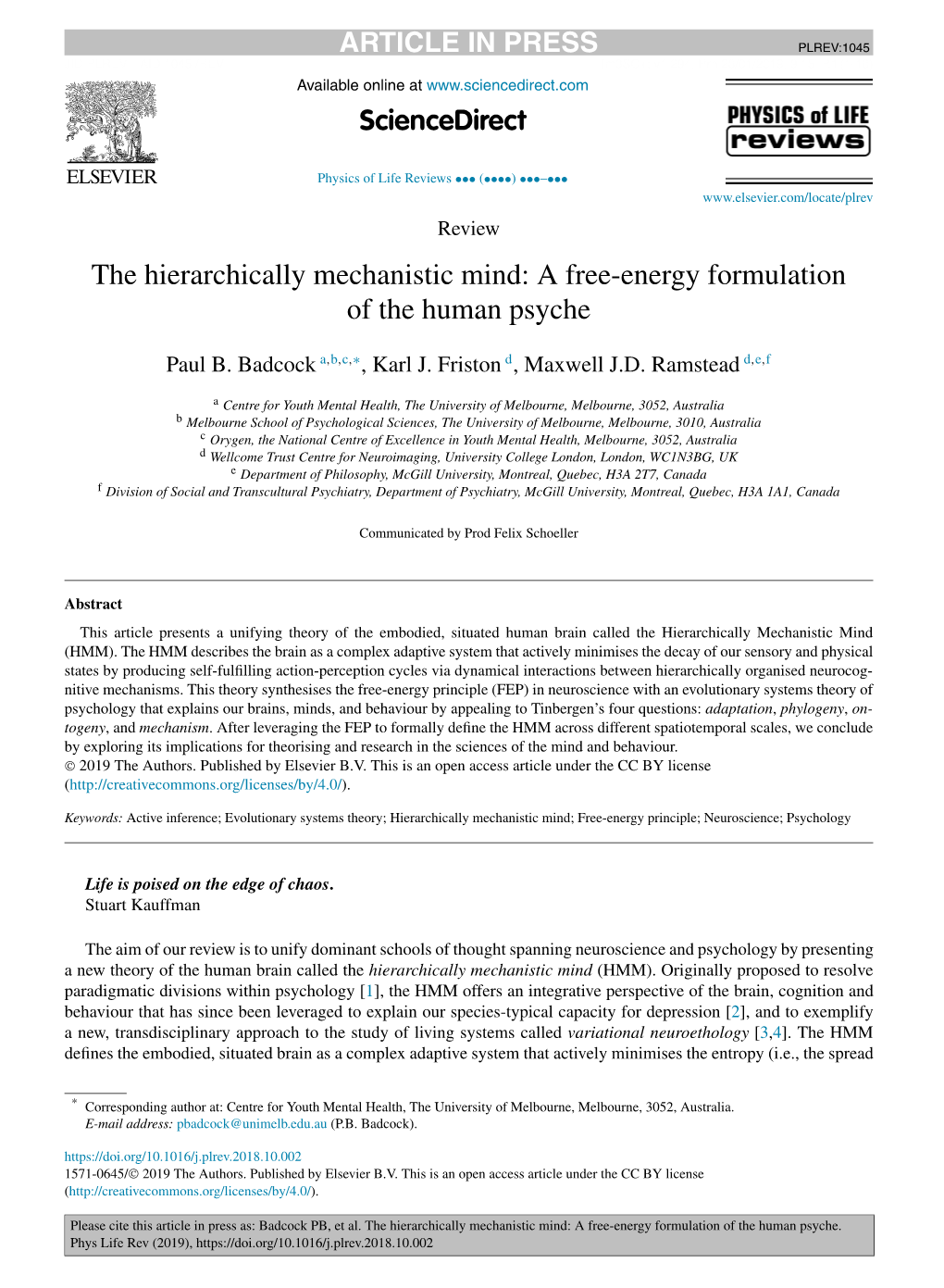 The Hierarchically Mechanistic Mind: a Free-Energy Formulation of the Human Psyche