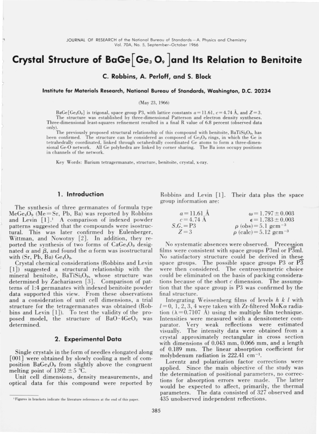 Crystal Structure of Bage [Ge3 O9] and Its Relation to Benitoite