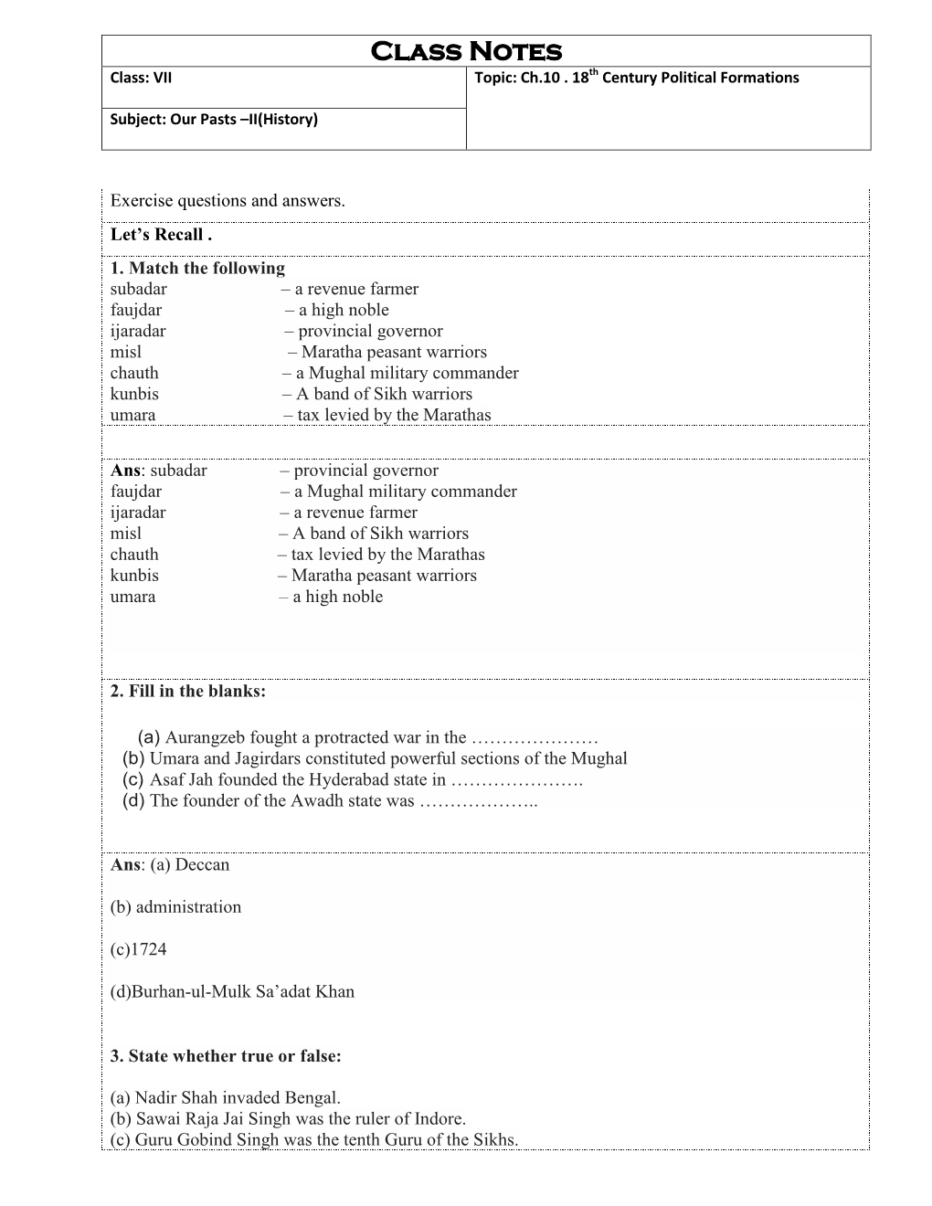 Class Notes Class: VII Topic: Ch.10