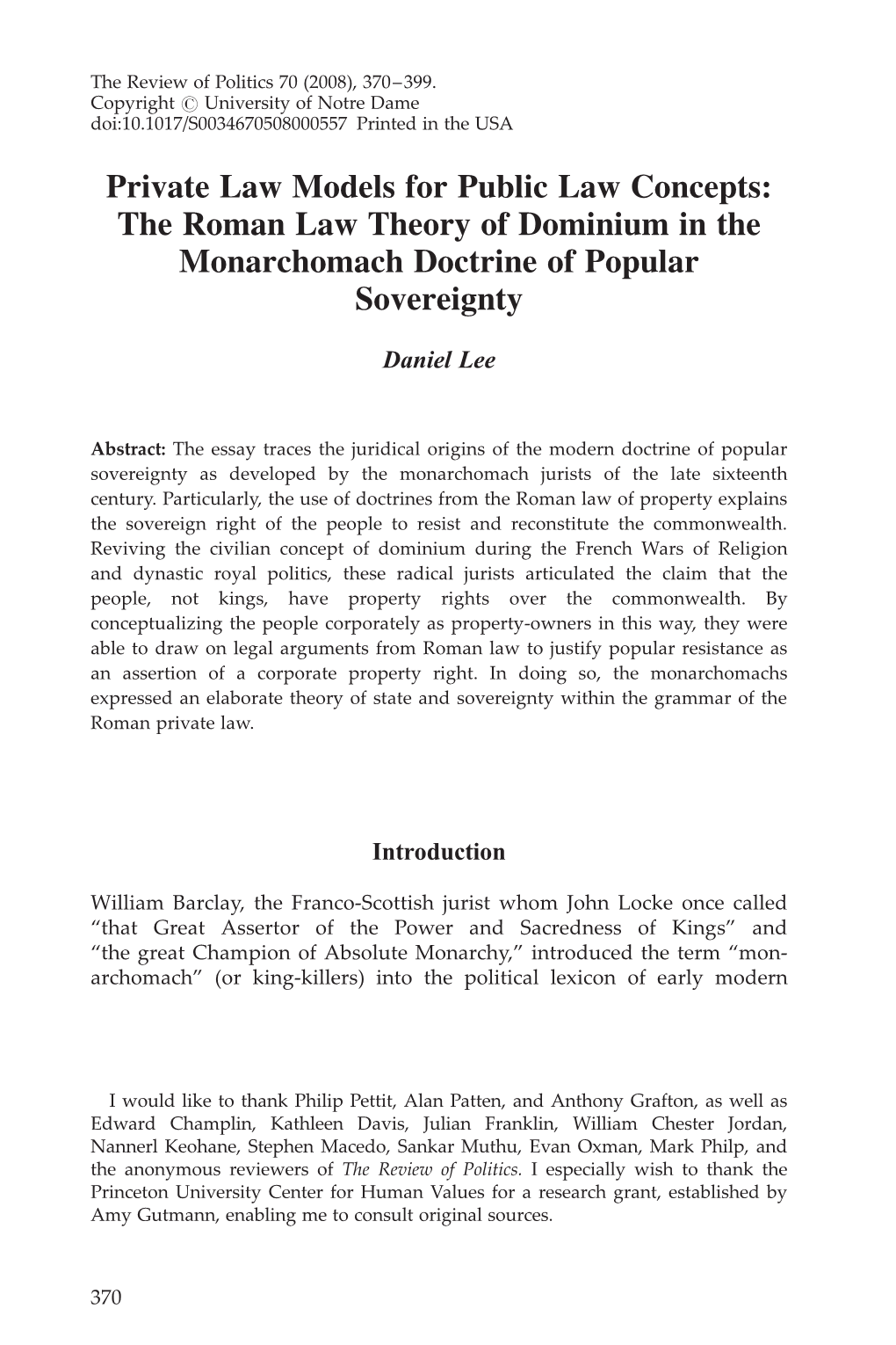 The Roman Law Theory of Dominium in the Monarchomach Doctrine of Popular Sovereignty