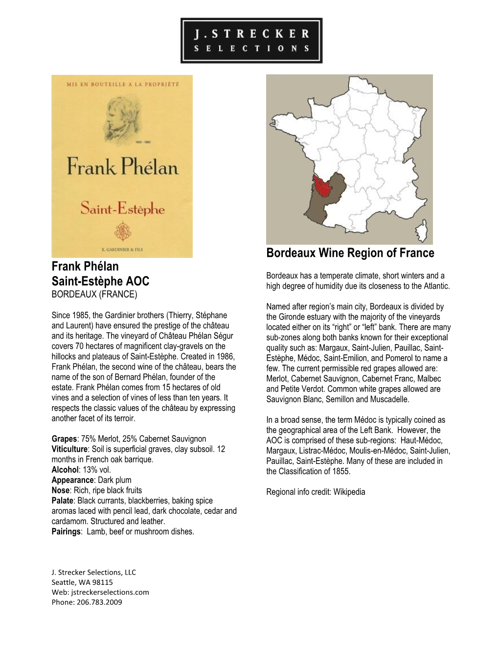 Frank Phélan Saint-Estèphe AOC Bordeaux Wine Region of France