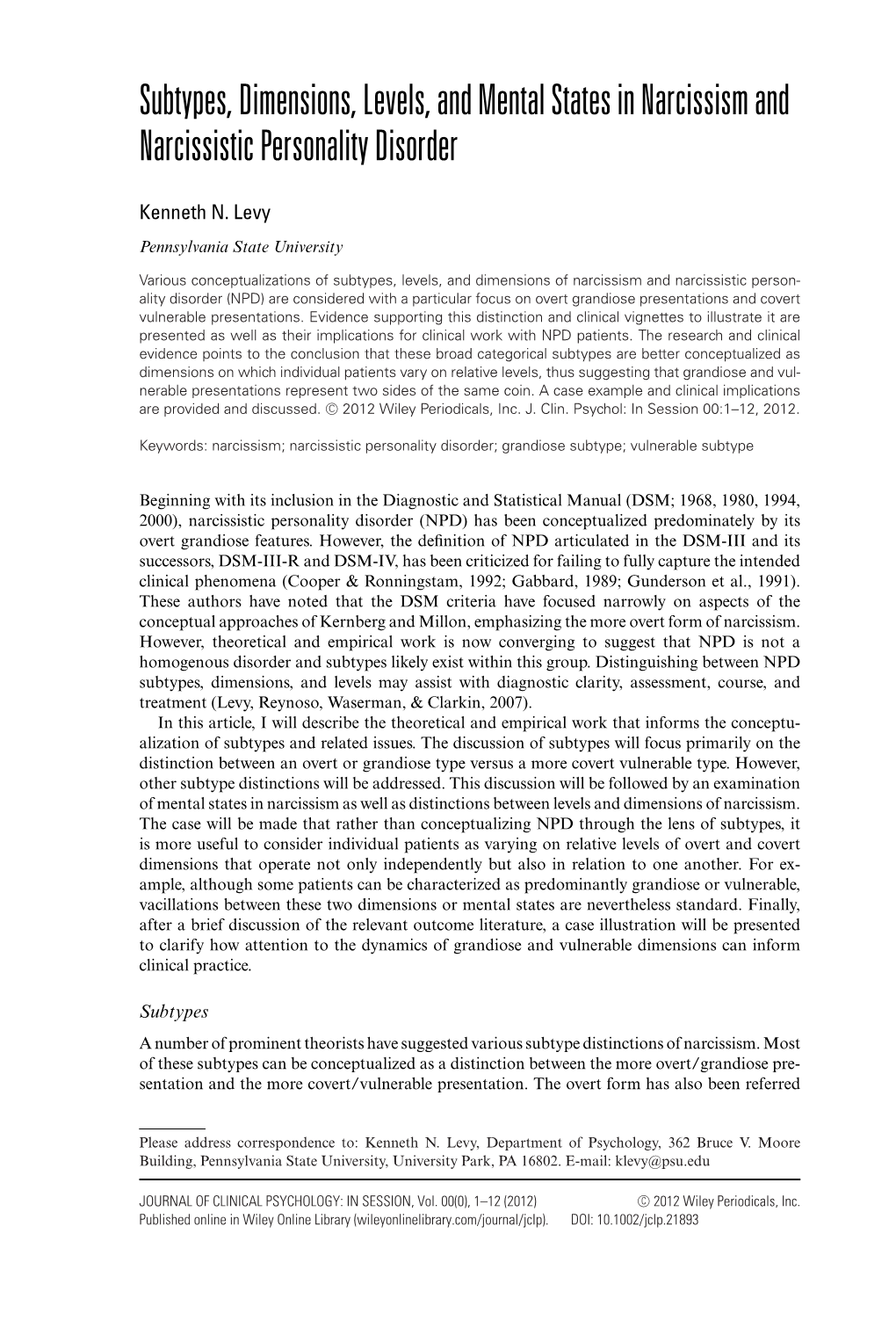 Subtypes, Dimensions, Levels, and Mental States in Narcissism and Narcissistic Personality Disorder