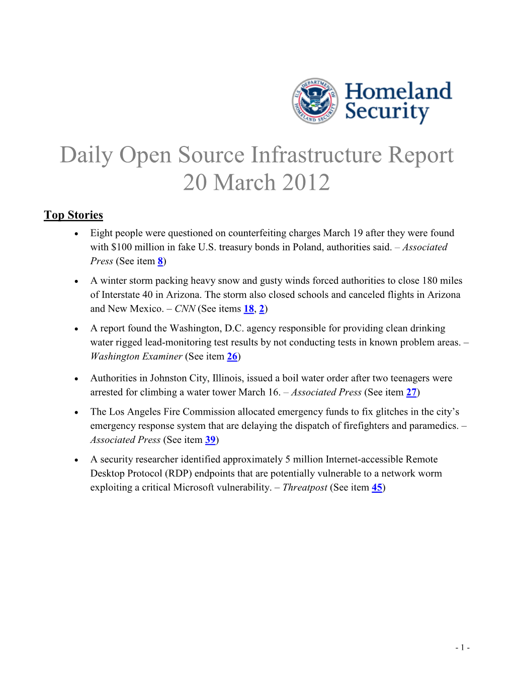 Department of Homeland Security Daily Open Source Infrastructure