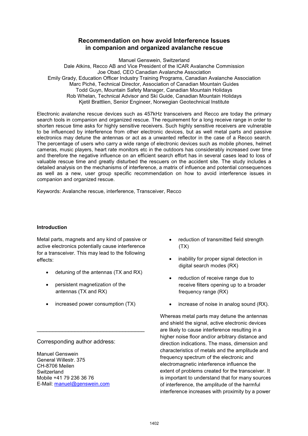 Recommendation on How Avoid Interference Issues in Companion and Organized Avalanche Rescue