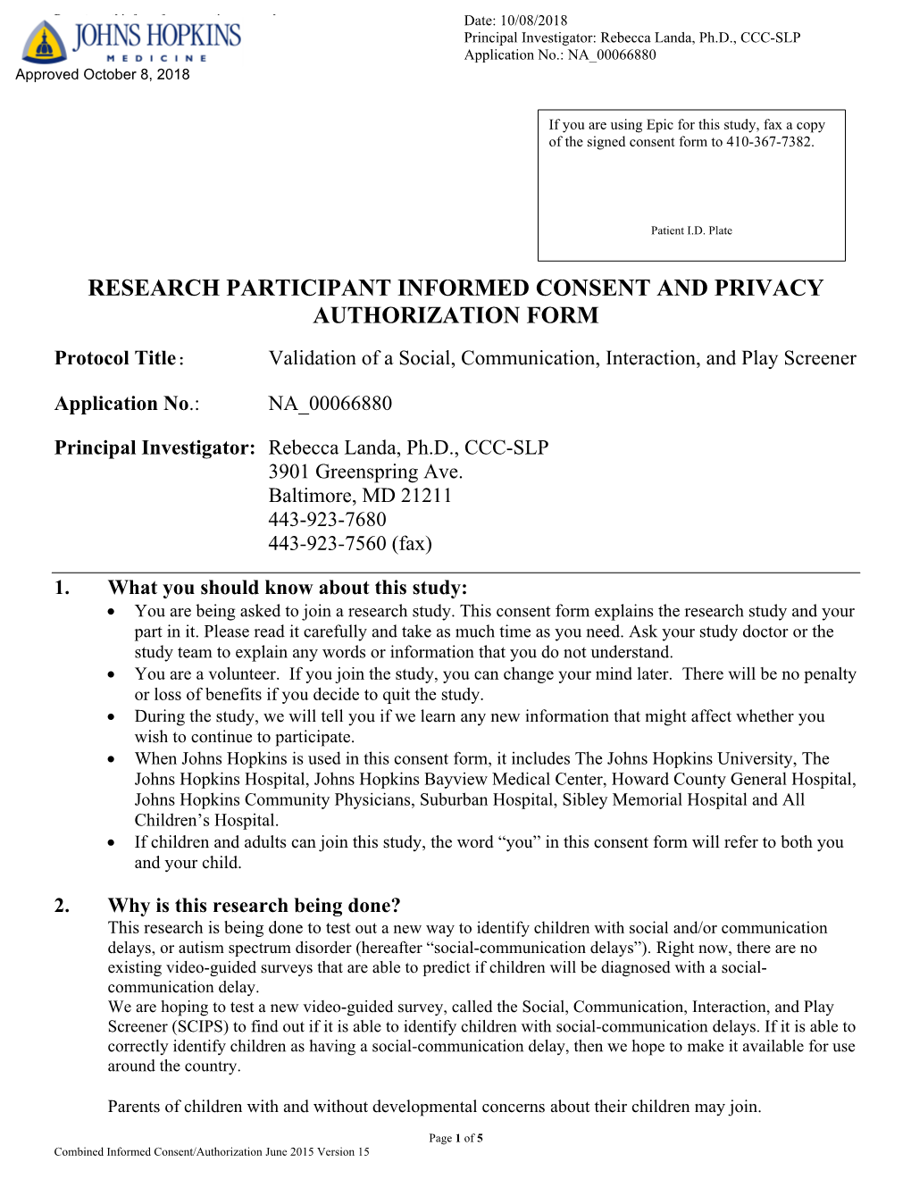 Research Participant Informed Consent and Privacy Authorization Form