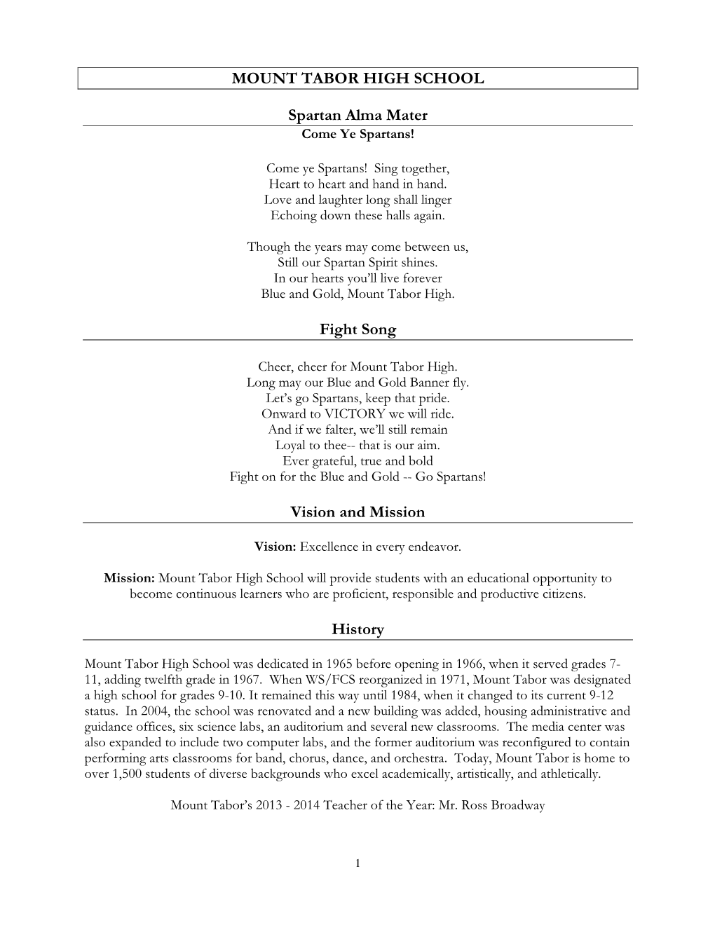 MOUNT TABOR HIGH SCHOOL Spartan Alma Mater