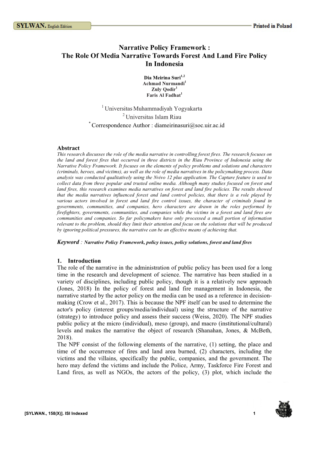 Narrative Policy Framework : the Role of Media Narrative Towards Forest and Land Fire Policy in Indonesia