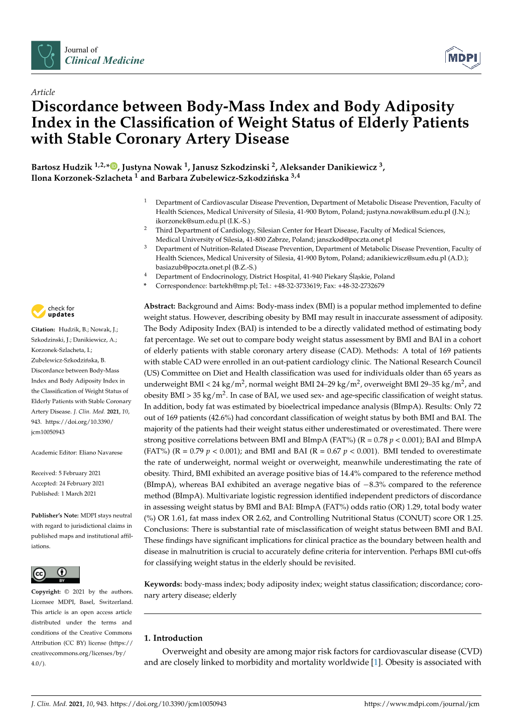 Discordance Between Body-Mass Index and Body Adiposity Index in the Classification of Weight Status of Elderly Patients With
