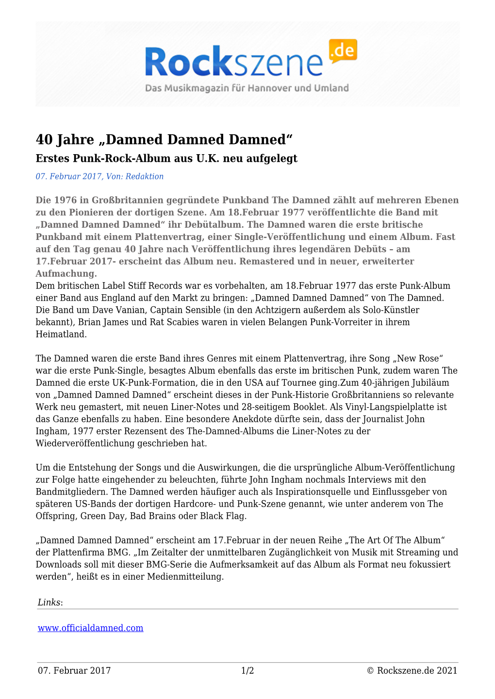 40 Jahre „Damned Damned Damned“ Erstes Punk-Rock-Album Aus U.K