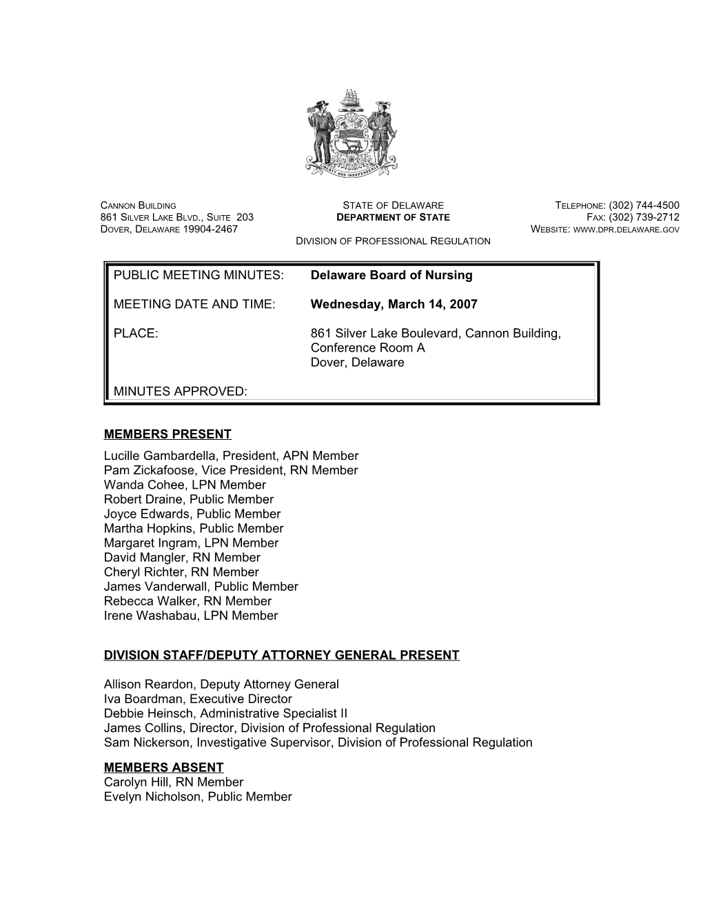 PUBLIC MEETING MINUTES: Delaware Board of Nursing s1