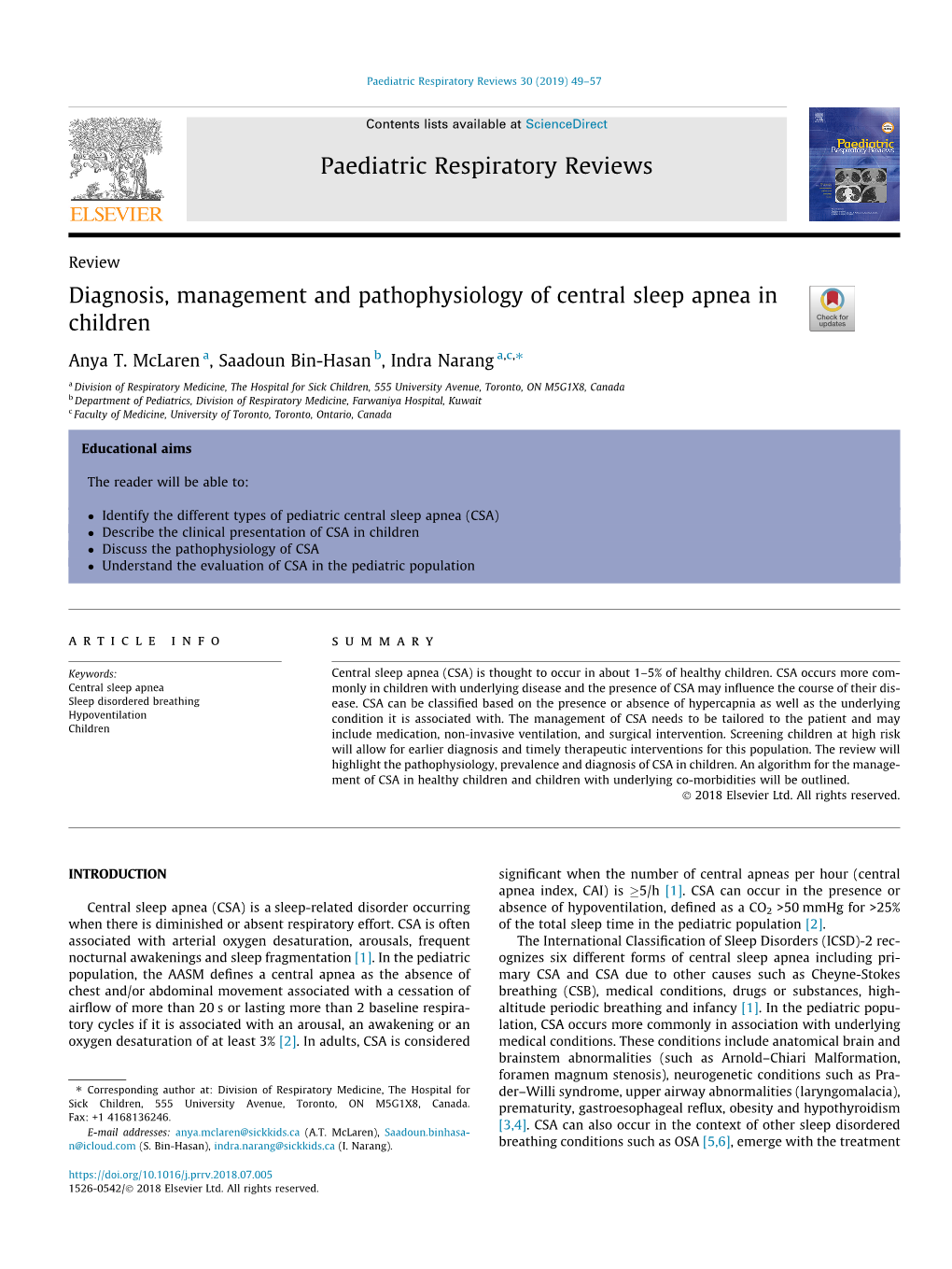 Diagnosis, Management and Pathophysiology of Central Sleep Apnea in Children ⇑ Anya T