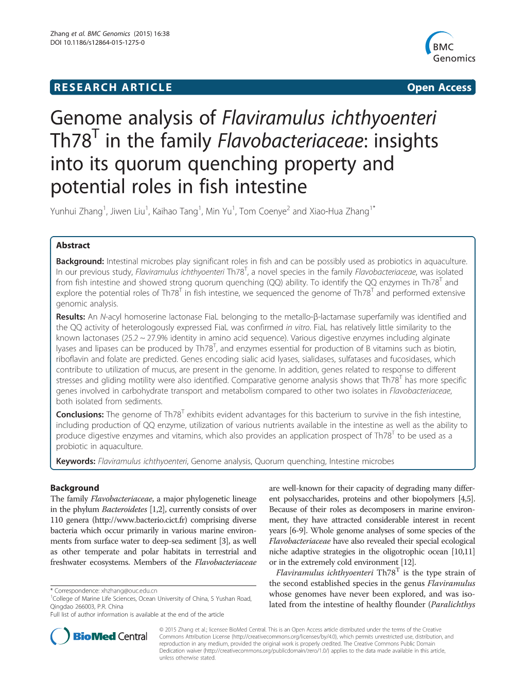 Genome Analysis of Flaviramulus Ichthyoenteri Th78t in the Family