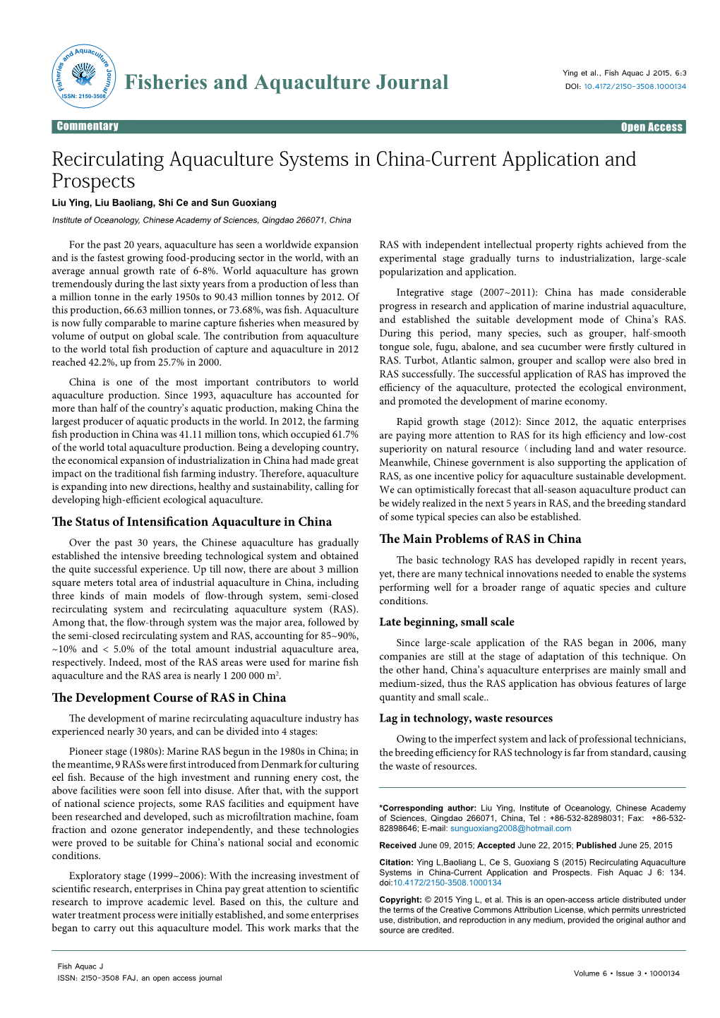 Recirculating Aquaculture Systems in China-Current Application And