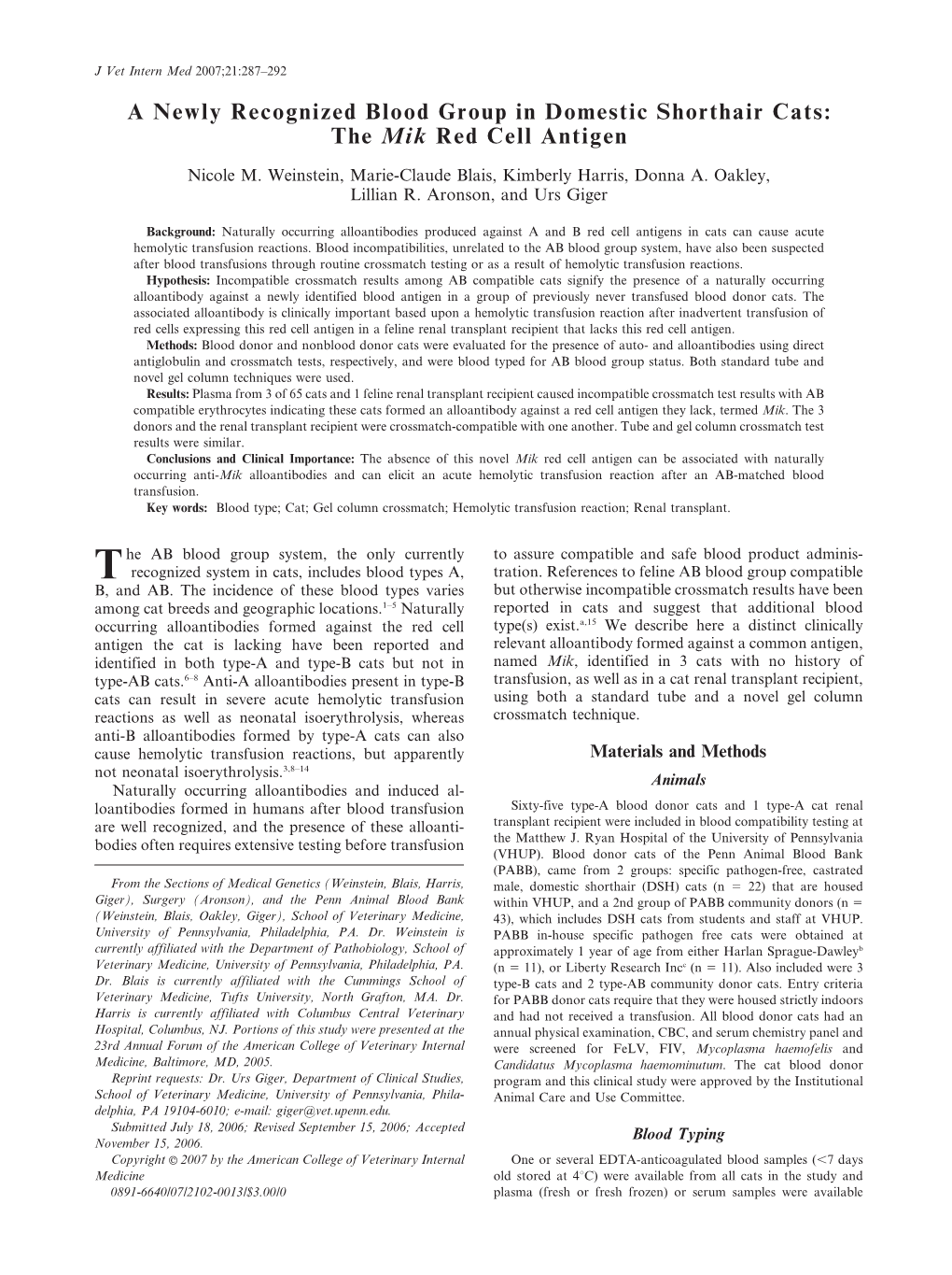 A Newly Recognized Blood Group in Domestic Shorthair Cats: the Mik Red Cell Antigen