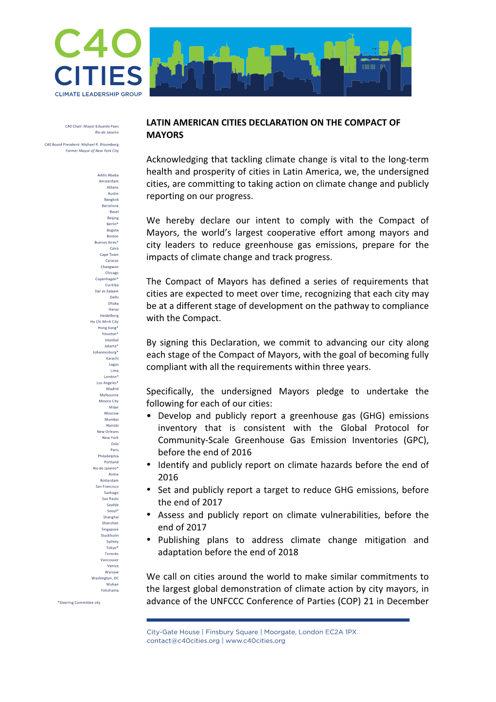 LATIN AMERICAN CITIES DECLARATION on the COMPACT of MAYORS Acknowledging That Tack