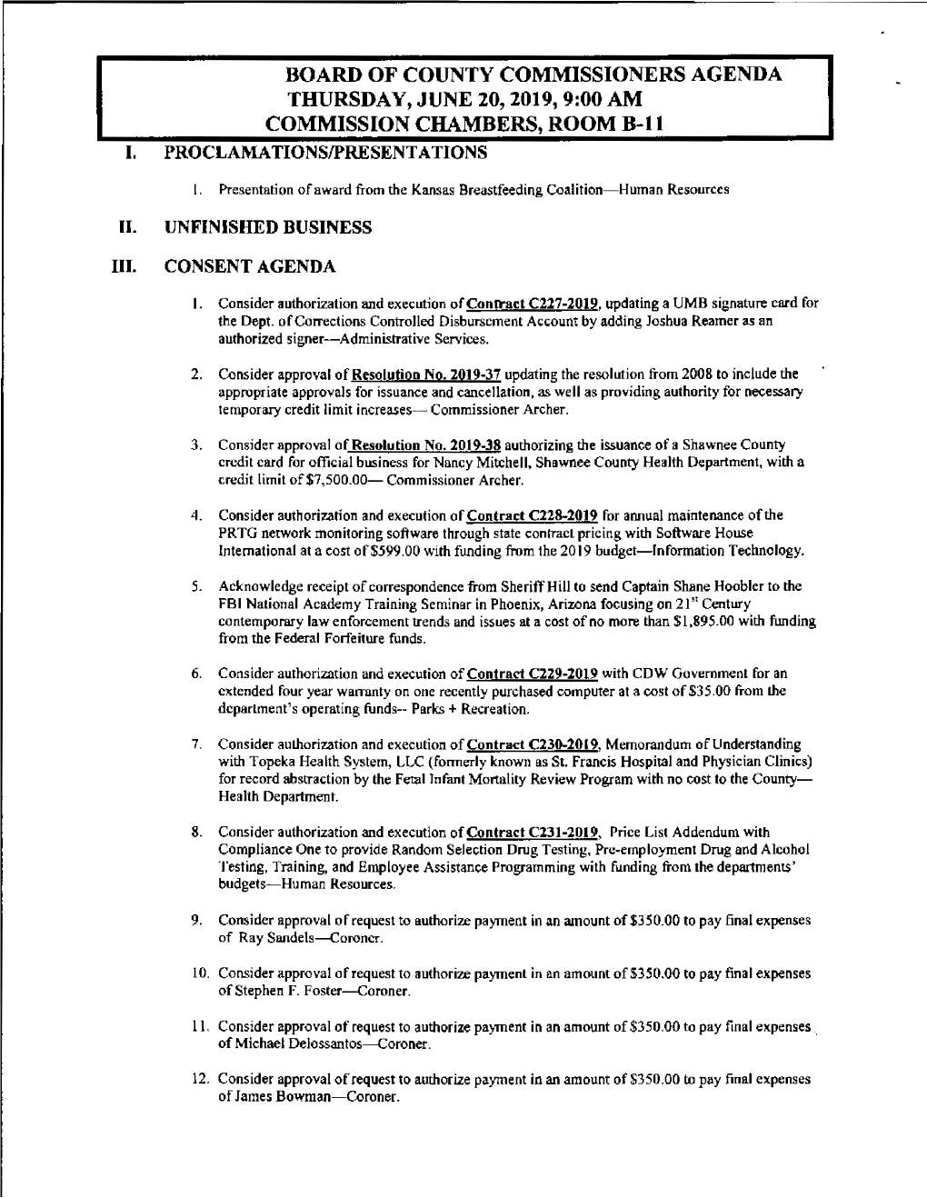 Board of County Commissioners Agenda Thursday, June 20, 2019, 9:00Am Commission Chambers, Room B-11 I