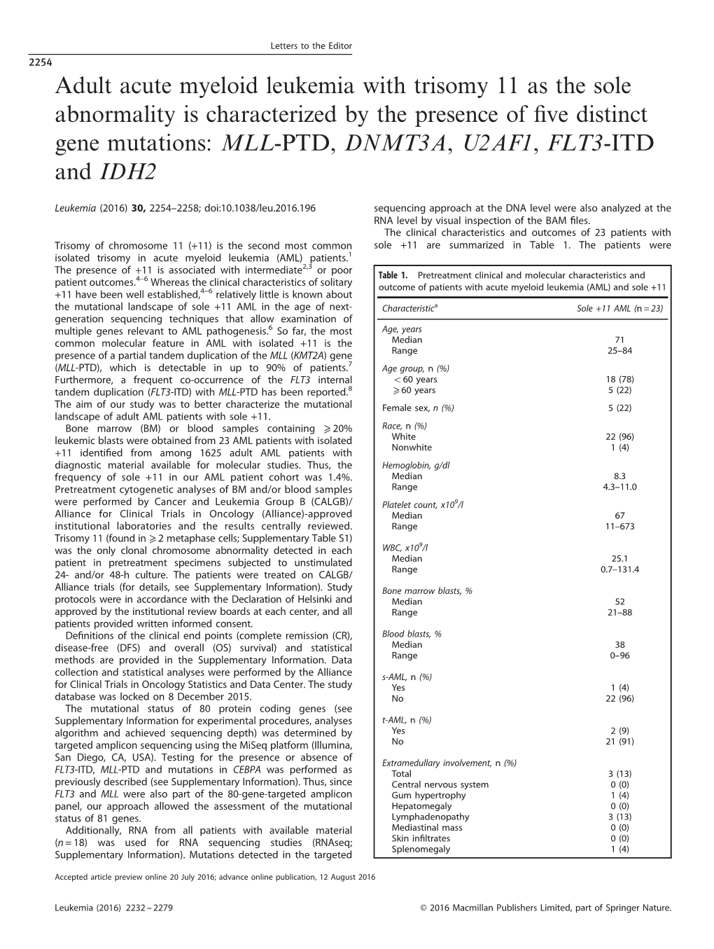 Adult Acute Myeloid Leukemia with Trisomy 11 As the Sole Abnormality ...