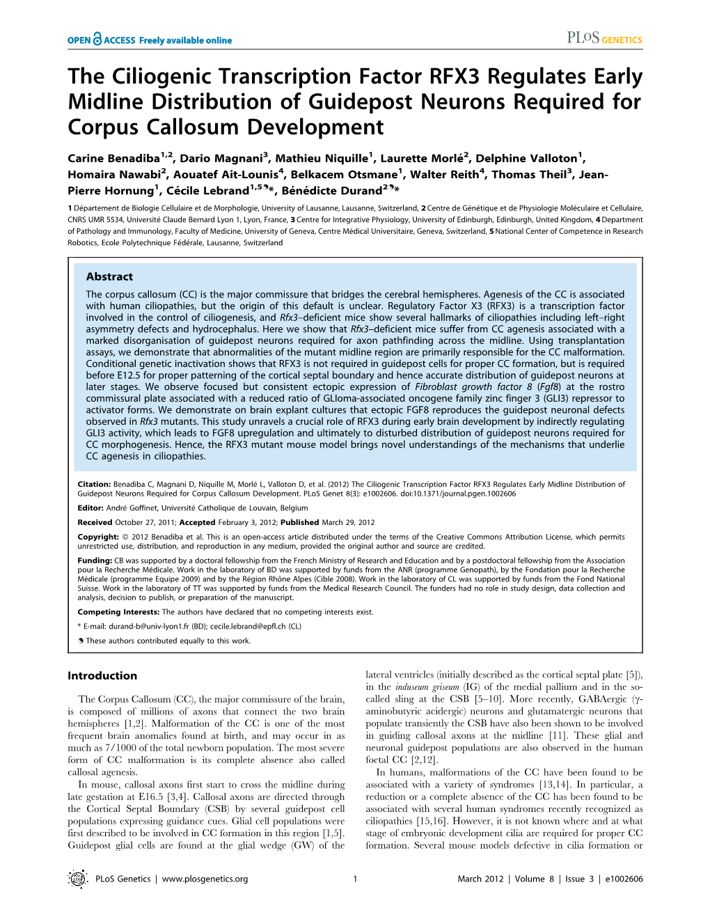 The Ciliogenic Transcription Factor RFX3 Regulates Early Midline Distribution of Guidepost Neurons Required for Corpus Callosum Development