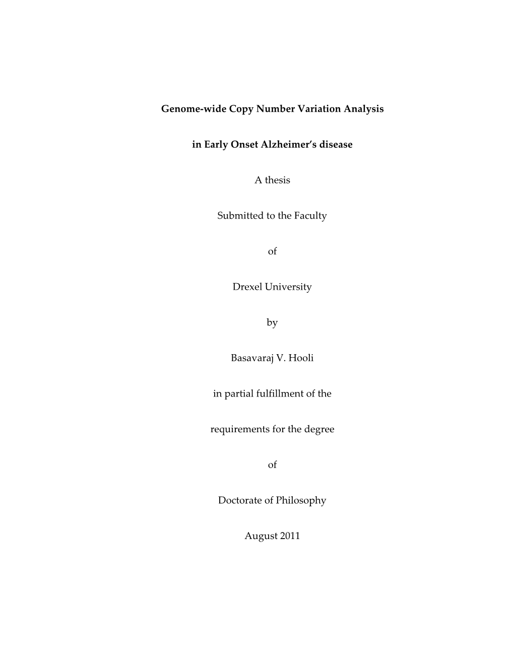 Genome‐Wide Copy Number Variation Analysis in Early Onset Alzheimer's