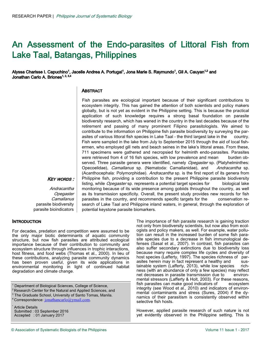An Assessment of the Endo-Parasites of Littoral Fish from Lake Taal, Batangas, Philippines